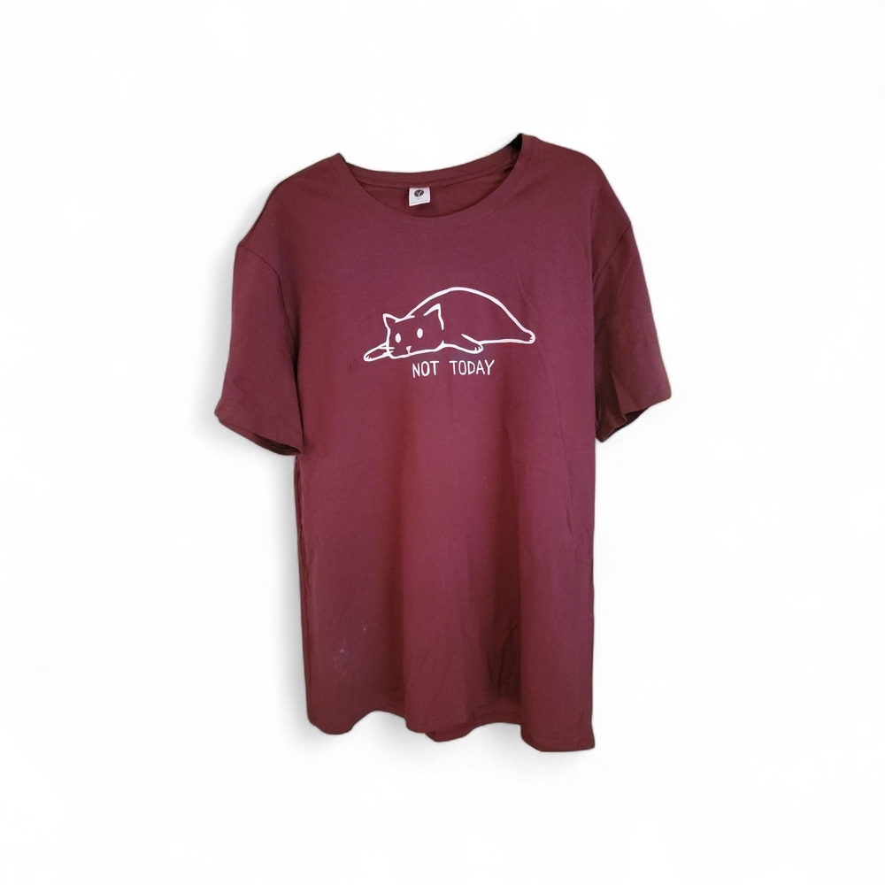 Burgundy Graphic Tee with Cat Design
